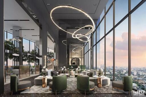 Modern high-rise common area with city views