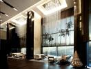 Modern luxurious lobby with high ceilings and large windows