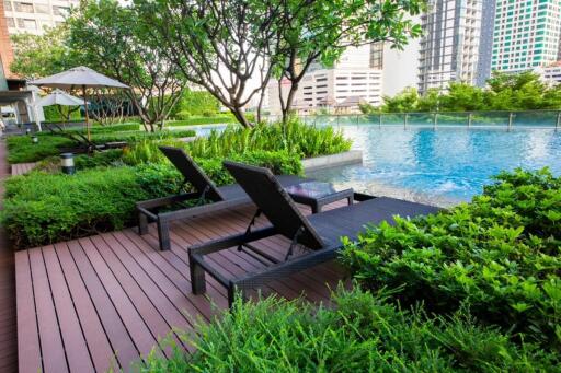 Outdoor pool area with lounge chairs and greenery