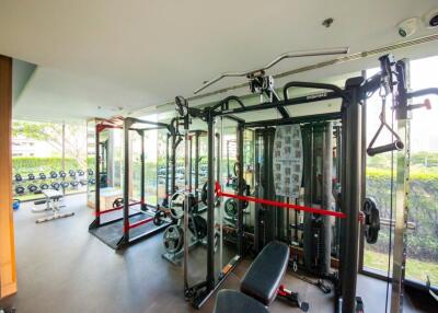 Fully equipped gym with modern equipment and natural light