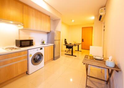 Modern kitchen area with dining workspace