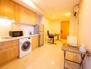 Modern kitchen area with dining workspace