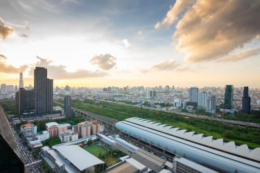 Panoramic view of the city with high-rise buildings and green areas