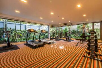 Residential gym with various exercise equipment and large windows