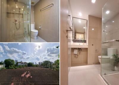 Modern bathroom with glass shower enclosure and wall-mounted fixtures