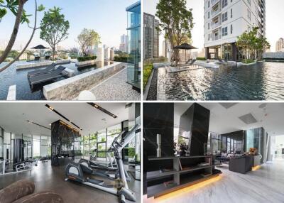 Collage of outdoor pool area, building exterior, gym, and modern living room