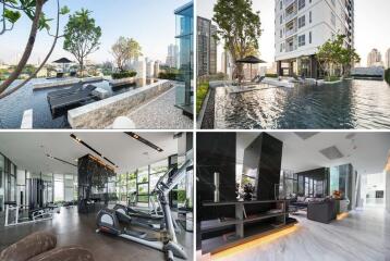 Collage of outdoor pool area, building exterior, gym, and modern living room