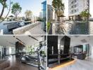 Collage of outdoor pool area, building exterior, gym, and modern living room