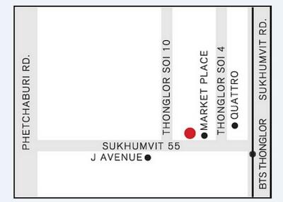 Map showing detailed layout of Phetchaburi Rd, Sukhumvit Soi 10, Market Place, Sukhumvit 55, BTS Thonglor and nearby locations.