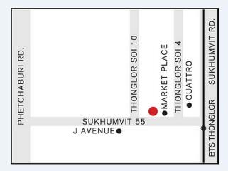 Map showing detailed layout of Phetchaburi Rd, Sukhumvit Soi 10, Market Place, Sukhumvit 55, BTS Thonglor and nearby locations.