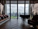 Living room with a panoramic city view and a grand piano