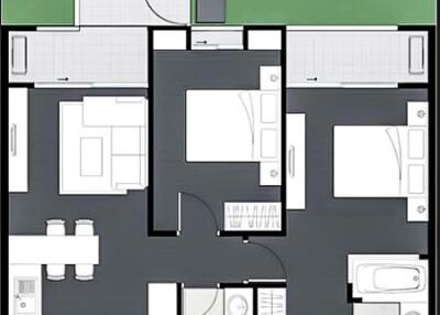 Apartment floor plan with two bedrooms, living room, kitchen, and bathrooms