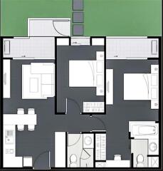 Apartment floor plan with two bedrooms, living room, kitchen, and bathrooms