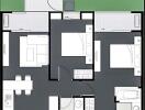 Apartment floor plan with two bedrooms, living room, kitchen, and bathrooms