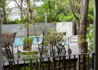 View of a garden and pool through a window