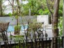 View of a garden and pool through a window