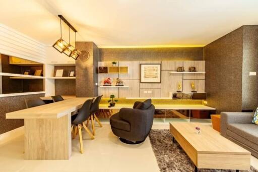 Modern living room with dining area and cozy seating