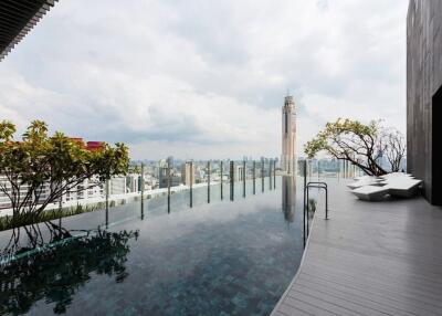 Modern rooftop infinity pool with city skyline view