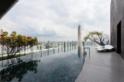 Modern rooftop infinity pool with city skyline view