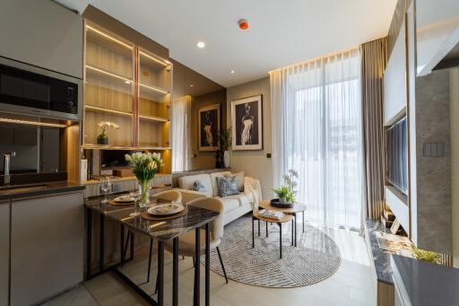 Modern living room with dining area and large windows