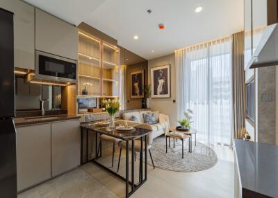 Modern kitchen and living area with dining space