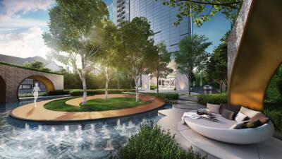 Outdoor garden area with water feature and seating