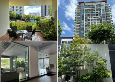 Modern high-rise building with greenery and pool view