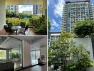 Modern high-rise building with greenery and pool view