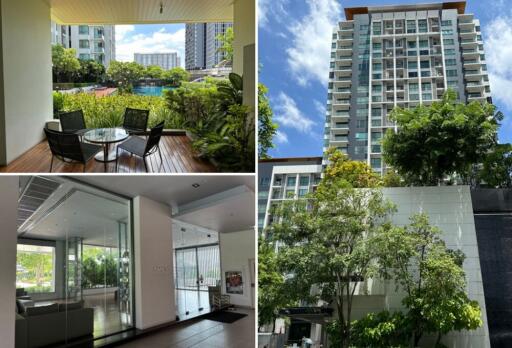 Modern high-rise building with greenery and pool view