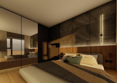 Modern bedroom with large mirrored wardrobe, stylish lighting, and comfortable bedding