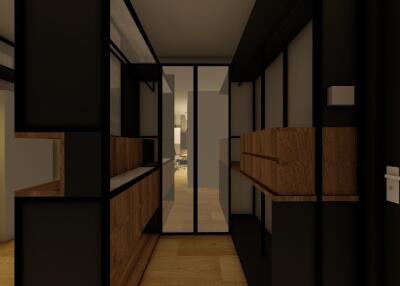 Modern hallway with black framing and wooden accents