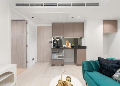 Modern living room with kitchenette