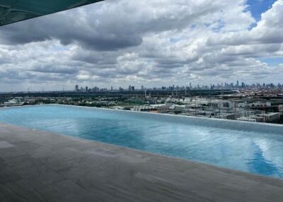 rooftop swimming pool with a skyline view