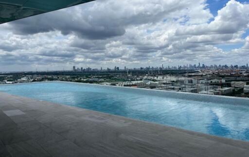 rooftop swimming pool with a skyline view