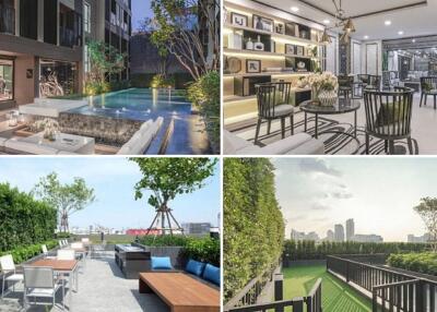 Collage of luxury apartment amenities including swimming pool, lobby area, rooftop garden, and rooftop terrace