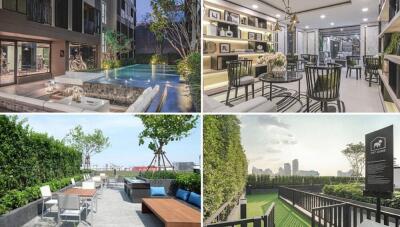 Collage of luxury apartment amenities including swimming pool, lobby area, rooftop garden, and rooftop terrace