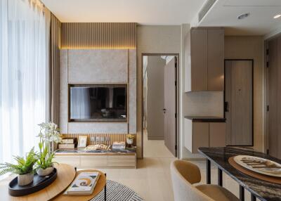 Modern living area with a mounted TV and contemporary decor