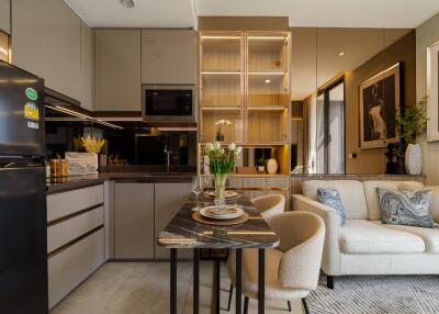 Modern kitchen and dining area with stylish living space