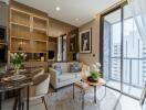 Modern living room with dining area and large windows