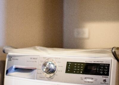 Washing machine in a laundry area with shelves