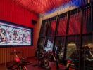 luxurious high-rise fitness center with night city view