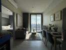 Modern living area with a view of the bedroom, dining area, and cityscape through large windows