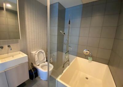 Modern bathroom with bathtub and glass partition