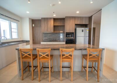 Modern kitchen with island and wooden bar stools