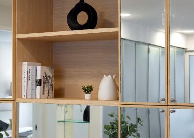 Decorative shelving with books and ornaments in modern living area