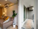 Living room area with a sofa, indoor plant, and balcony view