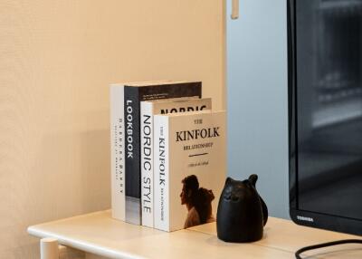 Close-up view of a side table in the living room with books and a TV