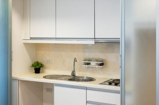 Modern kitchen with white cabinetry and stainless steel appliances