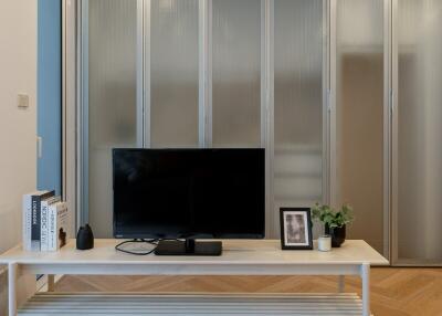 Modern living room with TV and storage unit