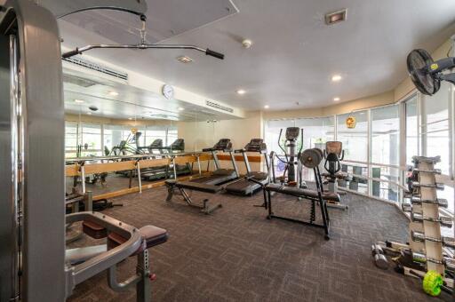 Well-equipped fitness center with various exercise machines and free weights